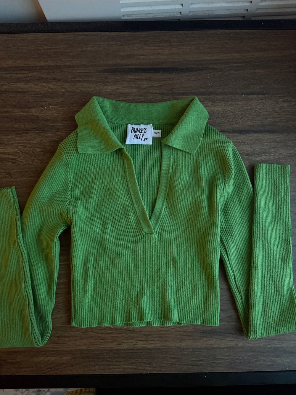 Princess Polly Lime Green Ribbed Collared V-Neck Sweater Top